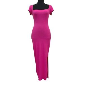 SYM See You Monday Hot Pink Ribbed Bodycon Midi Dress Side Slit Barbiecore Small